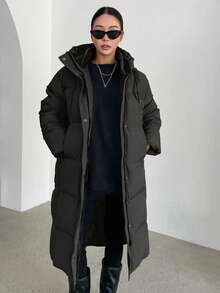 Quilted Down Jacket, New Thick Warm Winter Jacket, Loose Fit, With Hood, Pockets, Drawstring, Zipper, Loose Casual Hooded Padded Cotton Jacket Coat, Long Sleeve Top, Suitable For Cold Weather, Women Outerwear, Retro/Casual/Sporty/Street/College Style, Black Jacket - Black - View 3