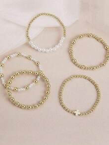 Set de 5 piezas de pulseras elásticas con cuentas doradas y perlas falsas de estilo bohemio, juego de joyería con cruz como regalo del Día de San Valentín para niñas y mujeres jóvenes