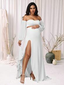 两件套孕妇灯笼袖抹胸上衣和高开衩长裙，适合拍照和迎婴派对，白色春季款 - 白色 - 查看 5