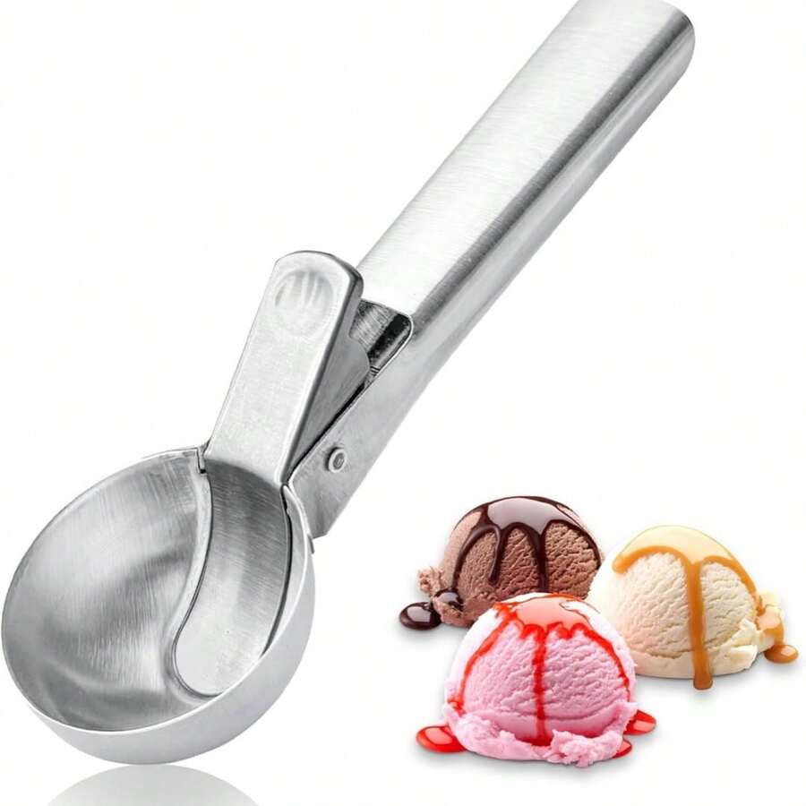 1 pieza Cuchara para helado de acero inoxidable, apta para yogur helado, cuchara multifuncional para helado de acero inoxidable de doble uso, cuchara para helado de acero inoxidable con mango cómodo antihielo, cuchara para galletas y helado de metal resistente con gatillo, dosificador de helado, herramienta para helado para el hogar, fácil de limpiar, apta para helado, masa de galletas, merengue, almendra, apta para cocina, postre, tienda de bebidas frías, restaurante - Blanco - Ver 1