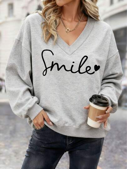 女士秋冬印花笑脸英文字母简约宽松街头日常休闲圆领长袖保暖卫衣