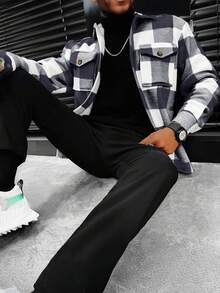 男士长袖休闲格子外套，时尚百搭简约风格，秋季款 - 黑與白 - 查看 3