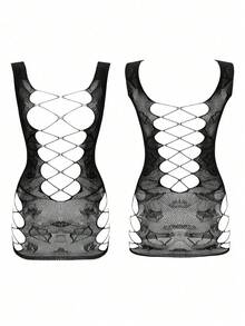 1 Piece Of Sexy Lingerie Fishnet Temptation Mesh Dress With Sexy Bodystocking Fishnet - 黑色 - 查看 2