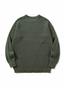 Oversized Loose Casual Textured High Street Unisex Knitted Sweater, Minimalist Design, Round Neck, Long Sleeve, Autumn/Winter - Màu xanh Ô liu - Xem 2