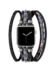 1件黑色人造皮革手錶錶帶，相容 41mm、40mm、38mm、45mm、44mm、42mm、49mm，女性波希米亞風多層纏繞手鍊錶帶，適用於 Series Ultra 10、9、8、7、6、5、4、3、2、1、SE - 黑色 - 查看 2