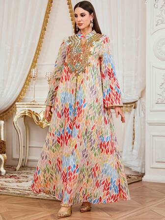 SISKAKIA Elegant & Fashionable Random Print Jacquard Fabric Dress, Suitable For Holidays, Birthdays, Parties, Formal Dinners, All Seasons