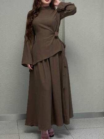 SMILE CHIC Vintage Style 2 Pieces Set: Distressed Flare Sleeve Shirt & Mini Skirt