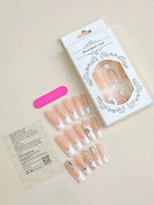 24 piezas Pegatinas de uñas rectangulares extra largas de lujo, decoradas con mariposas doradas 3D y patrones de rhinestones, tonos cálidos de champán, cobertura completa, adecuadas para mujeres, niñas, fiestas, baile, fáciles de aplicar y retirar - Multicolor 14 - Ver 9