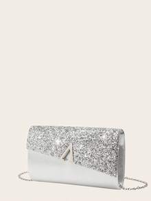 Fashionable & Elegant Sequin Patchwork Velvet Clutch Bag - Silver - View 6