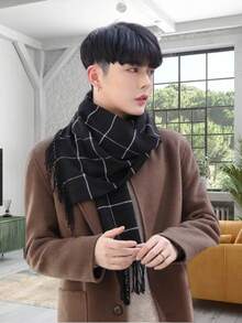 Classic Plaid Scarf, Versatile Boyfriend Gift, Warm & Fashionable Double-Sided Scarf, Neck Warmer, Blanket For Couples, Autumn/Winter - Black - View 2