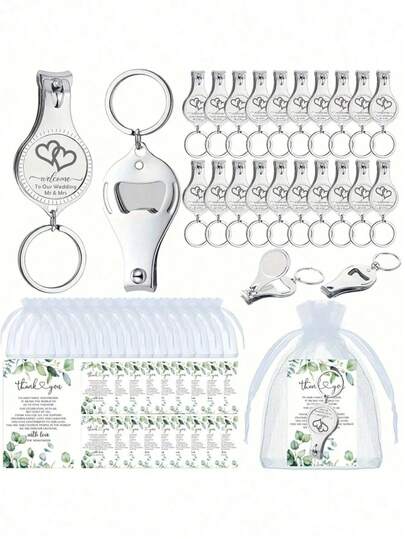 30pcs (10 Sets) / 15pcs (5 Sets) / 3pcs (1 Set) Multifunctional Wedding Bottle Openers, Nail Clippers, Wedding Gift Cards, White Organza Bags (For Party Supplies), Guest Gifts, Men'S And Women'S Gifts, Birthday Gifts, Graduation Decorations, Bachelorette Party Decorations.