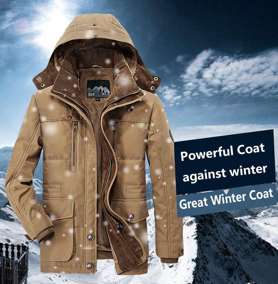 Abrigo acolchado de algodón para hombre, forro de boa, largo, chaqueta cargo, capucha, impermeable, protección contra el frío, cortavientos, elegante, chaqueta de abrigo, manga larga, grueso, suave, ligero, ropa de trabajo, holgado. - Caqui - Ver 1