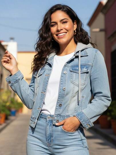 Chaqueta vaquera con capucha para mujer, chaqueta vaquera cómoda de manga larga.