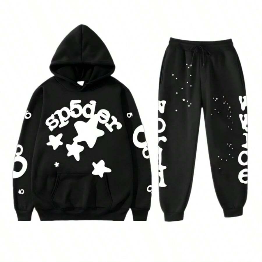Spider Web Fashion Hip-Hop Printed Flower Hoodie, European And American Brand Large-Sized Loose Men's And Women's Hooded Sweatshirt Set - Đen và trắng - Xem 1