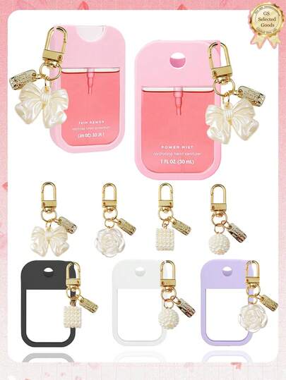 2件/1件（30毫升）洗手液喷雾保护套，玫瑰花朵蝴蝶结珍珠流苏钥匙扣吊坠，喷雾瓶，以及硅胶喷雾瓶防摔防撞保护套，方便旅行携带，可轻松挂在包包或钥匙上，耐磨、防水、可重复使用的保护套，适用于Touchland洗手液喷雾，旅行、郊游、礼物、万圣节礼物、圣诞节礼物