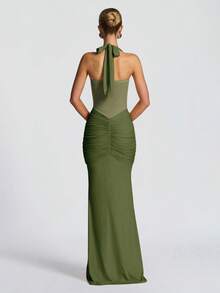 Sexy Spaghetti Strap Backless Waist Cinched High Slit Dress, Mesh Patchwork Vacation Party Dress Wedding Spring - Olive Green - View 2