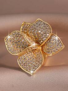 1pc Fantasy Three-Dimensional Flower Morphology Rings Luxury Openable Big Engagement Ring For Women Daily Decoration Copper CZ Jewelry Gift - Yellow Gold - View 7