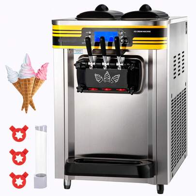Máquina para hacer helados , capacidad de 22-30 l/h, 2350 W, para mostrador, con tolva de 2 x 6 l, cilindro de 2 l, pantalla LCD, alarma de falta de inflado, color plateado