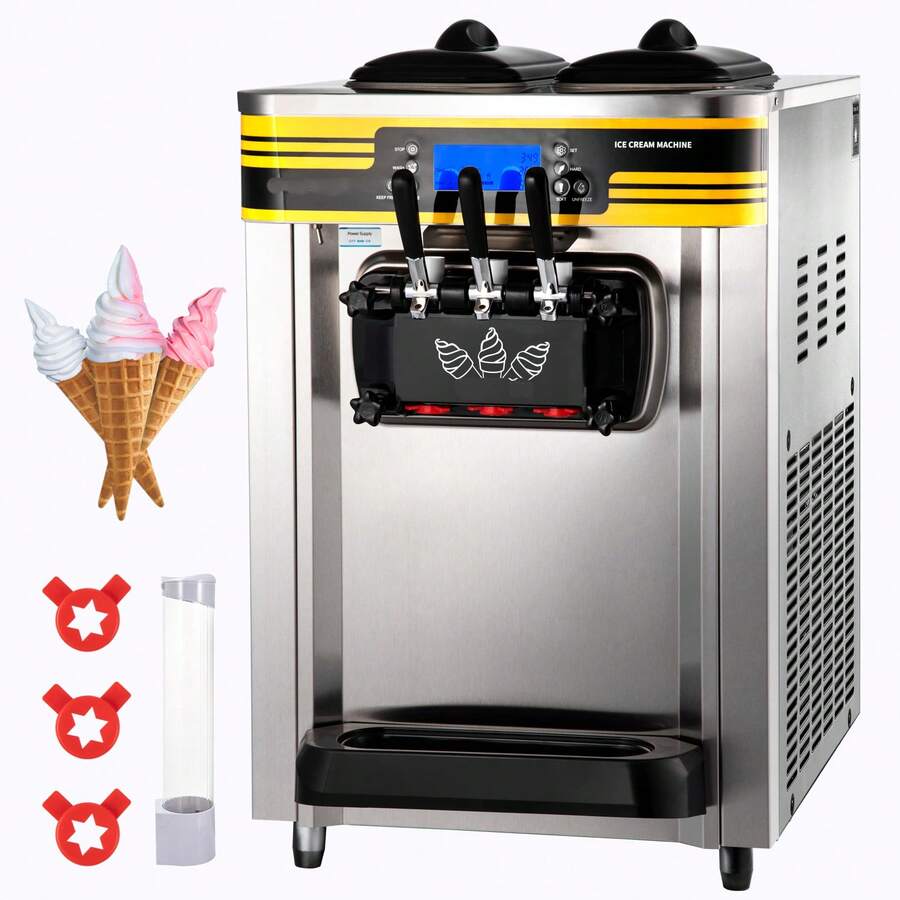 Máquina para hacer helados , capacidad de 22-30 l/h, 2350 W, para mostrador, con tolva de 2 x 6 l, cilindro de 2 l, pantalla LCD, alarma de falta de inflado, color plateado - 2350 W - Ver 1