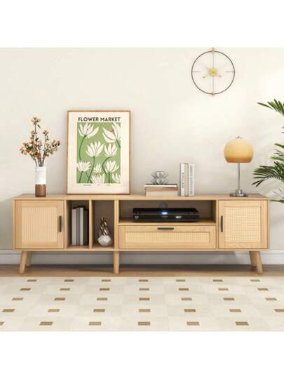Low TV Cabinet Multiple Storage Functions, Wood ed Particleboard, Open Space Ladder Compartments, Accommodates Up To 70 Inch TVs, 173 38 48 Cm view 3