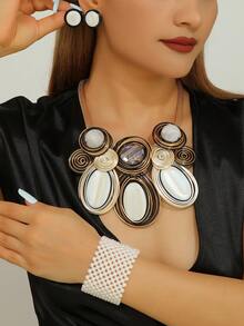 1 Set de collar, aretes y pulsera vintage bohemio de estilo exagerado, multicapa, hecho a mano con alambre de aluminio tejido y cuentas con cristales artificiales