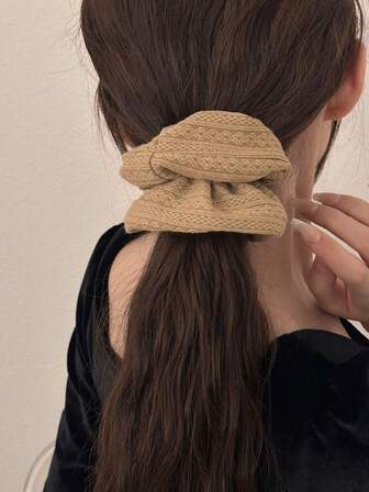 3pcs Knitted Hair Scrunchies With Lace Openwork Design - Neutral Color Collection (Black, Dark Brown, Khaki), Breathable Textured Hair Ties For Women, Fall Winter Season Hair Accessories