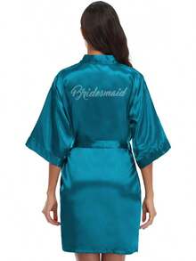 Women's Kimono Bride Bridesmaid Robes With Rhinestones Short Satin Bathrobes Wedding Party Getting Ready Day - 橡膠粉紅 - 查看 8