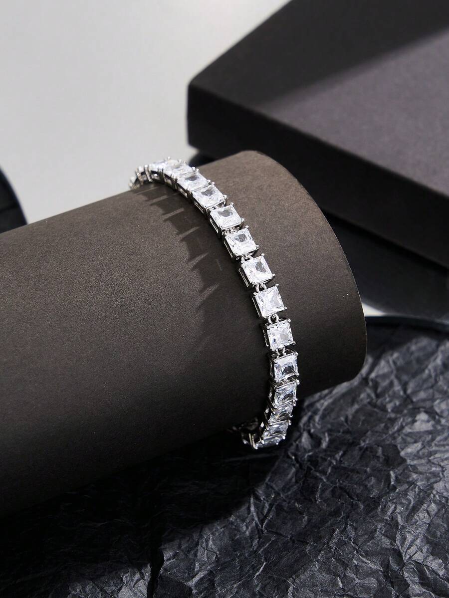 1pc Cubic Zirconia Fully Paved White Gold/18K Gold Plated Luxury Unisex Hip Hop Bracelet, Gift For Party, Wedding, Suitable For Daily Wear