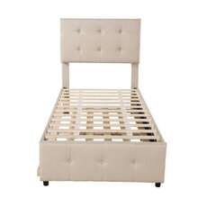 90x200 cm Polsterbett, Multifunktions-Ausziehbett, verstellbares Kopfteil, hautsympathische Leinenpolsterung, flaches Einzelbett, Jugendbett, Gästebett (Beige)