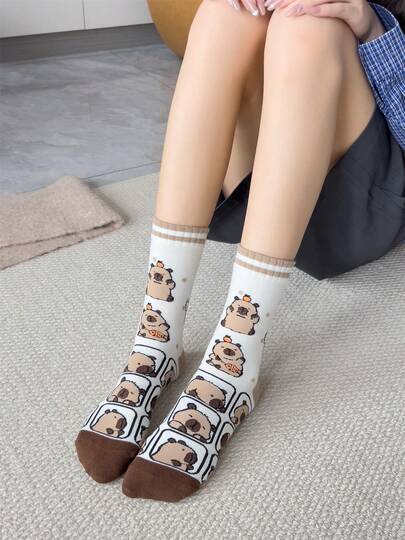 1 Coppia Di Calzini Equipaggio Da Donna Carini E Divertenti Con Motivo Capibara, Comodi Per Uso Quotidiano, Sport, Feste In Primavera, Estate E Autunno