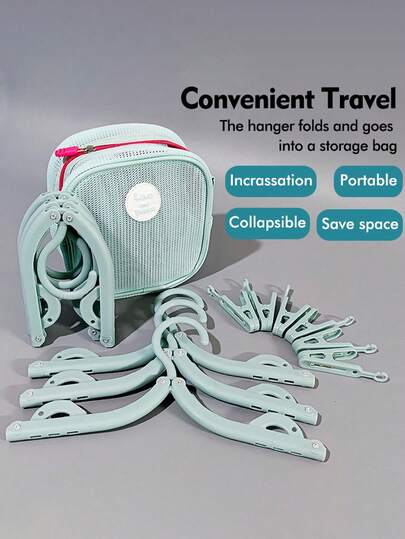 7/19pcs Foldable Travel Clothes Hanger Set: Includes 6 Collapsible Hangers And 12 Clips + 1 Storage Bag, A Portable Travel Hanger Set With Storage Bag - Made Of Smooth Plastic Surface And Space-Saving Design, Suitable For Students, Travelers And Business Trips