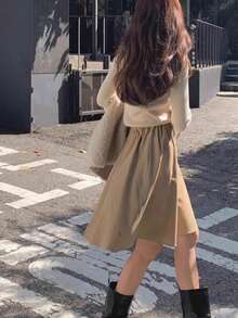 韩版复古松紧腰百搭纯色休闲A字裙女 - 卡其色 - 查看 4