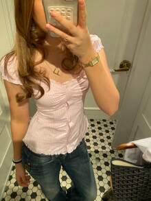 Women Fairy Grunge Y2k Shirt Vintage Short Sleeve 2000s Fairycore Aesthetic Crop Top E-Girl Streetwear - Hồng - Xem 5