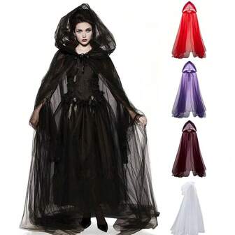 New Halloween Ghost Cosplay Costume Cloak Hooded Lace-Up Full-Length Sheer Cape With Oversized Hood For Adult Friends Costume For Party