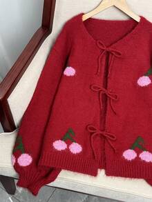 Wixra Wixra Women's Cherry Tie Knit Cardigan, New Autumn/Winter Comfortable Sweater Jacket For Ladies