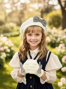 2pcs/Set Girls Knitted Beret Hat & Gloves Set, Elegant, Cute Artist Beret, Acrylic Yarn, Stylish Plaid Bow Design, Fashionable, Thin For Early Winter - 2pcs - View 15