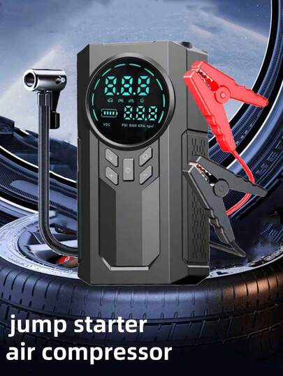 1 件四合一便携式空气压缩机泵，带应急启动器和手电筒，USB 充电，自动操作，≤36V，适用于汽车/自行车/摩托车轮胎和运动球，耐用 ABS 材质