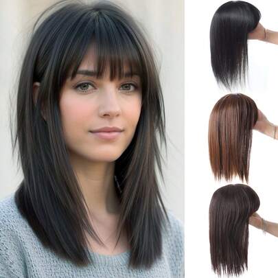 8英寸短直发合成假发片，夹式刘海，适合女性日常使用