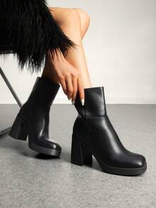 Women's Platform Gogo Ankle Boots Chunky High Heels Square Toe Comfort Party Dress Side Zipper Booties Shoes For Women - màu đen - Xem 2