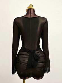 Zestiva 女式棕色垂坠领喇叭袖系腰荷叶边下摆裹身裙，优雅性感休闲，适合春夏季假日海滩派对 - 黑色 - 查看 2