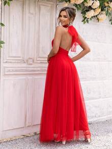 Joyfunear Women's Elegant Wedding Mesh Backless Halter Dress - Red - View 3
