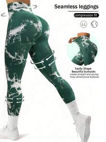 Seamless High Elastic Tie-Dyed Sports Leggings For Women,High-Waisted Tuck In The Abdomen And Lift The Buttocks Yoga Leggings,Women Gym Running Training Legging - Màu xanh lá - Xem 2