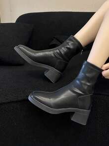 女士弹力靴，新款时尚粗高跟踝靴，通勤修身短靴 - 黑色 - 查看 2
