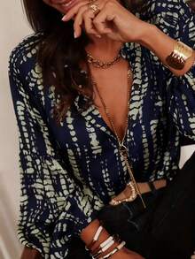 Plus Size Women Casual Versatile Commuter Round Neck Shirt, All-Over Print, Front Button, Loose & Comfortable, Suitable For Casual And Commute Wear, All Seasons - Blue - View 1