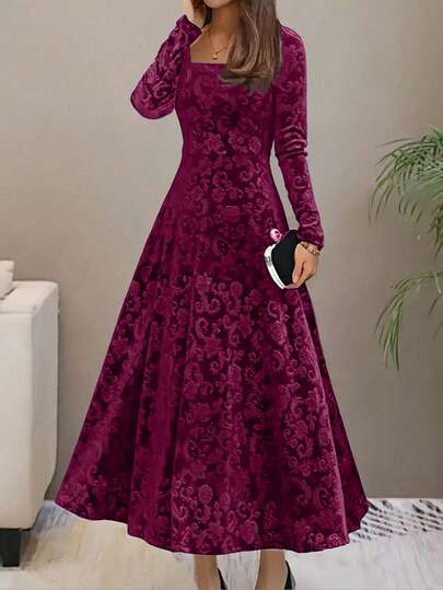 Floral Velvet Long Sleeve Swing Dress, Elegant Winter Women Clothing