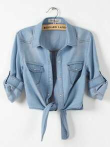 Women's Roll Up 3/4 Sleeve Tie Front Knot Shirt Chambray Denim Crop Top
