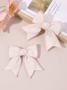 2个米色蝴蝶结发夹，粉色镶边，纯色布艺蝴蝶结，鳄鱼夹，优雅蝴蝶结发夹，休闲简约蝴蝶结发卡，秋冬季蝴蝶结发夹，适合青少年 - 米色 - 查看 1