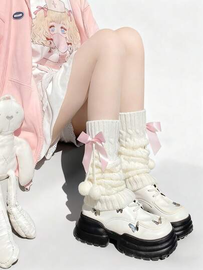 1 par de calentadores de piernas de estilo Lolita de color rosa/blanco/azul con lazo y bola esponjosa de punto, estilo Y2K, calentadores de piernas JK, calentadores de piernas lindos y dulces adecuados para el estilo Harajuku/chica de escuela secundaria, versátiles para salidas, perfectos para citas de San Valentín