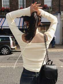 Korean Dongdaemun Women's Autumn/Winter New Lace-Up Halter Halterneck Off Shoulder Sexy Fitted Long Sleeve Knit Sweater Top - White - View 2