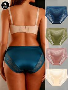4pcs Satin Seamless Women's Underwear, Sexy Lace Patchwork, Comfortable Breathable Tummy Control Hipster Panties